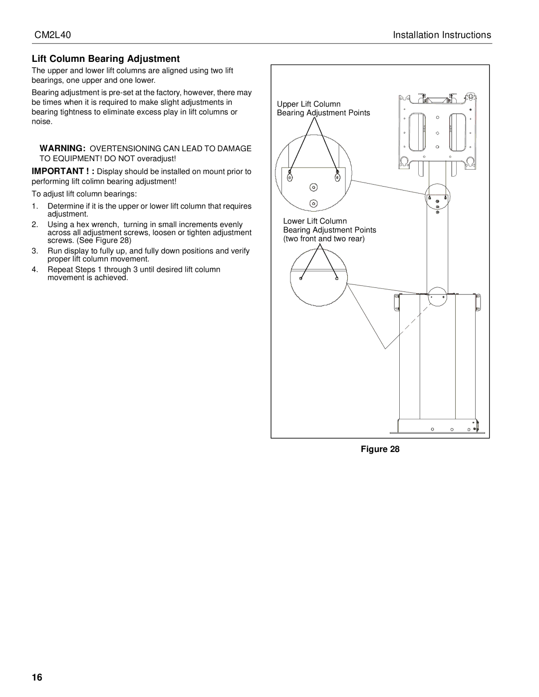 Chief Manufacturing CM2L40 installation instructions Lift Column Bearing Adjustment 