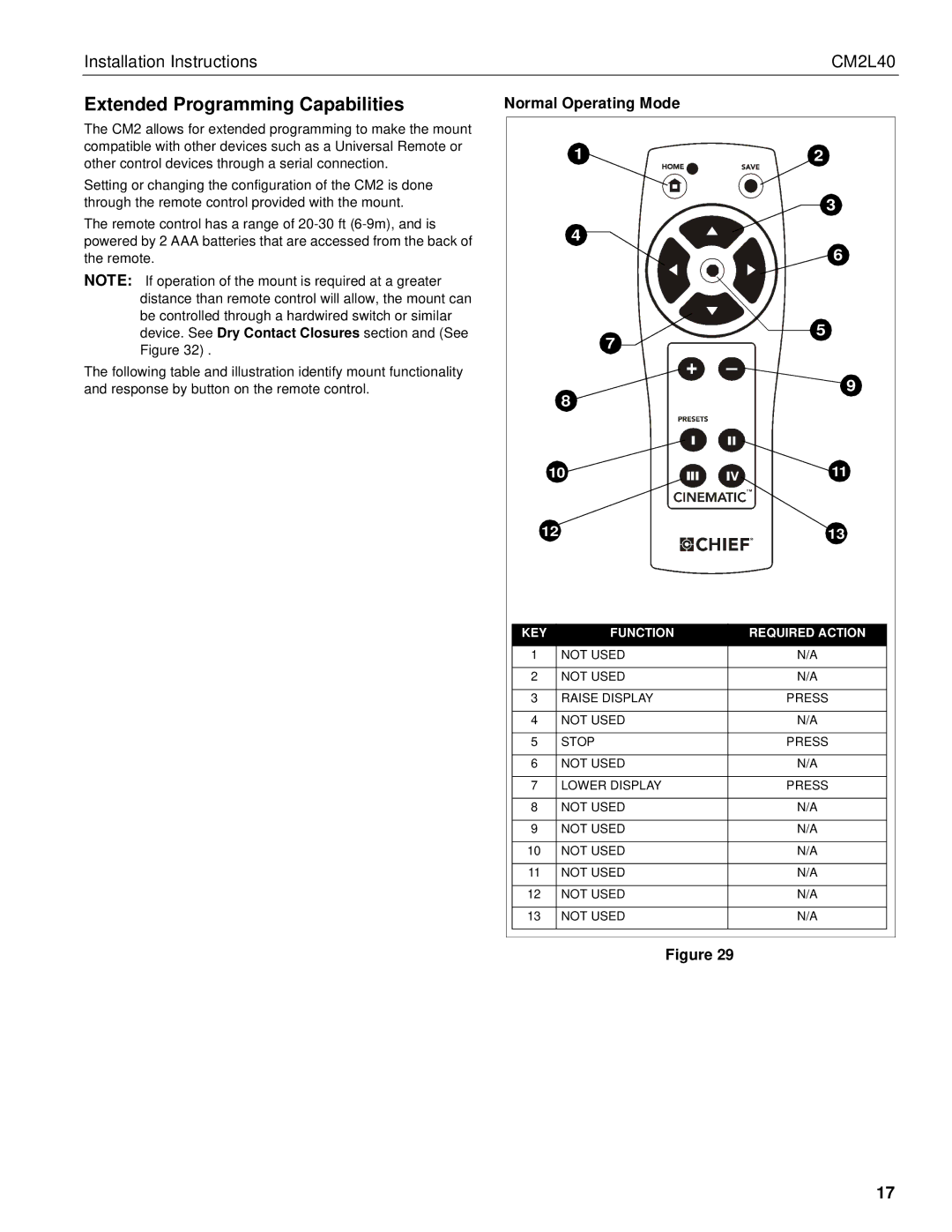 Chief Manufacturing CM2L40 installation instructions Extended Programming Capabilities, Normal Operating Mode 