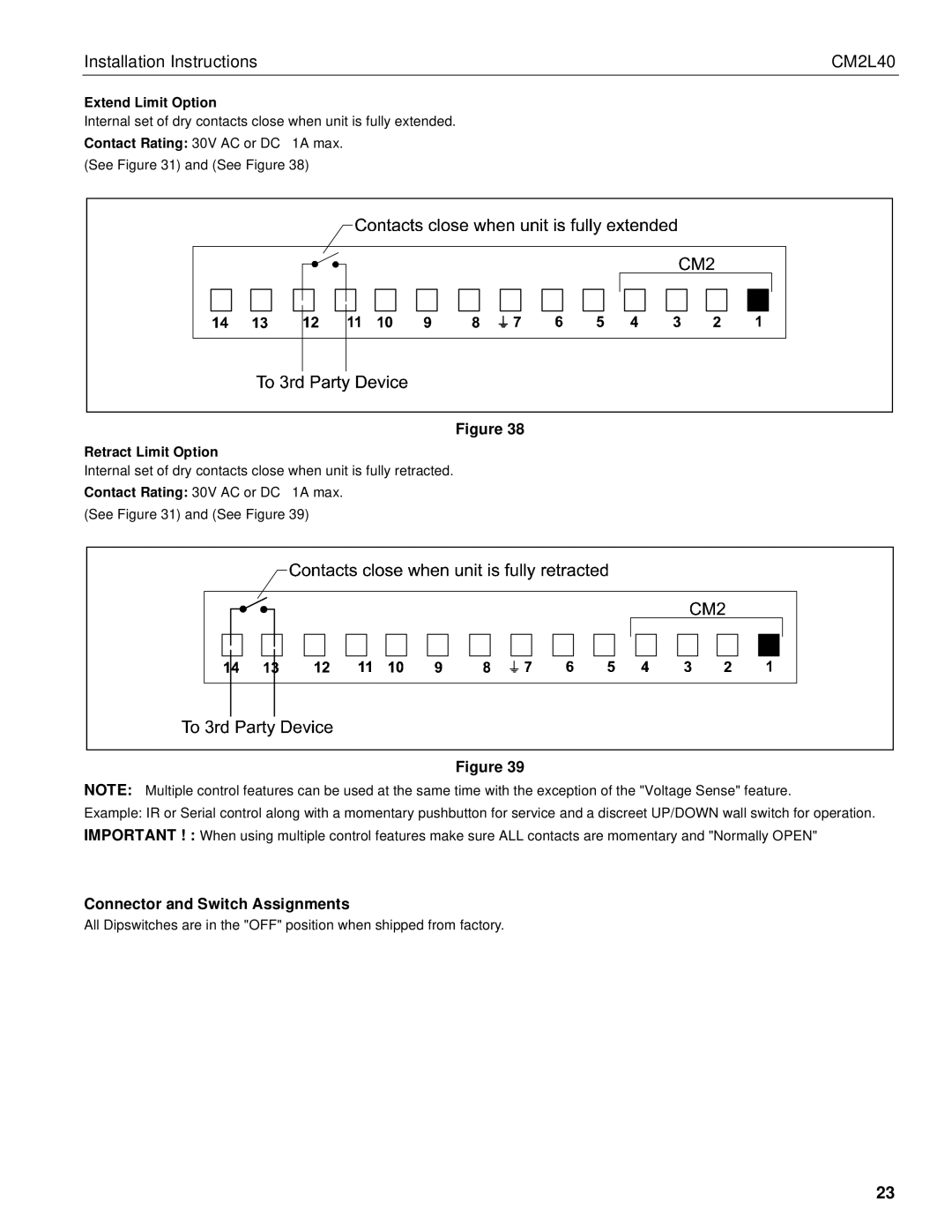 Chief Manufacturing CM2L40 Connector and Switch Assignments, Extend Limit Option, Retract Limit Option 