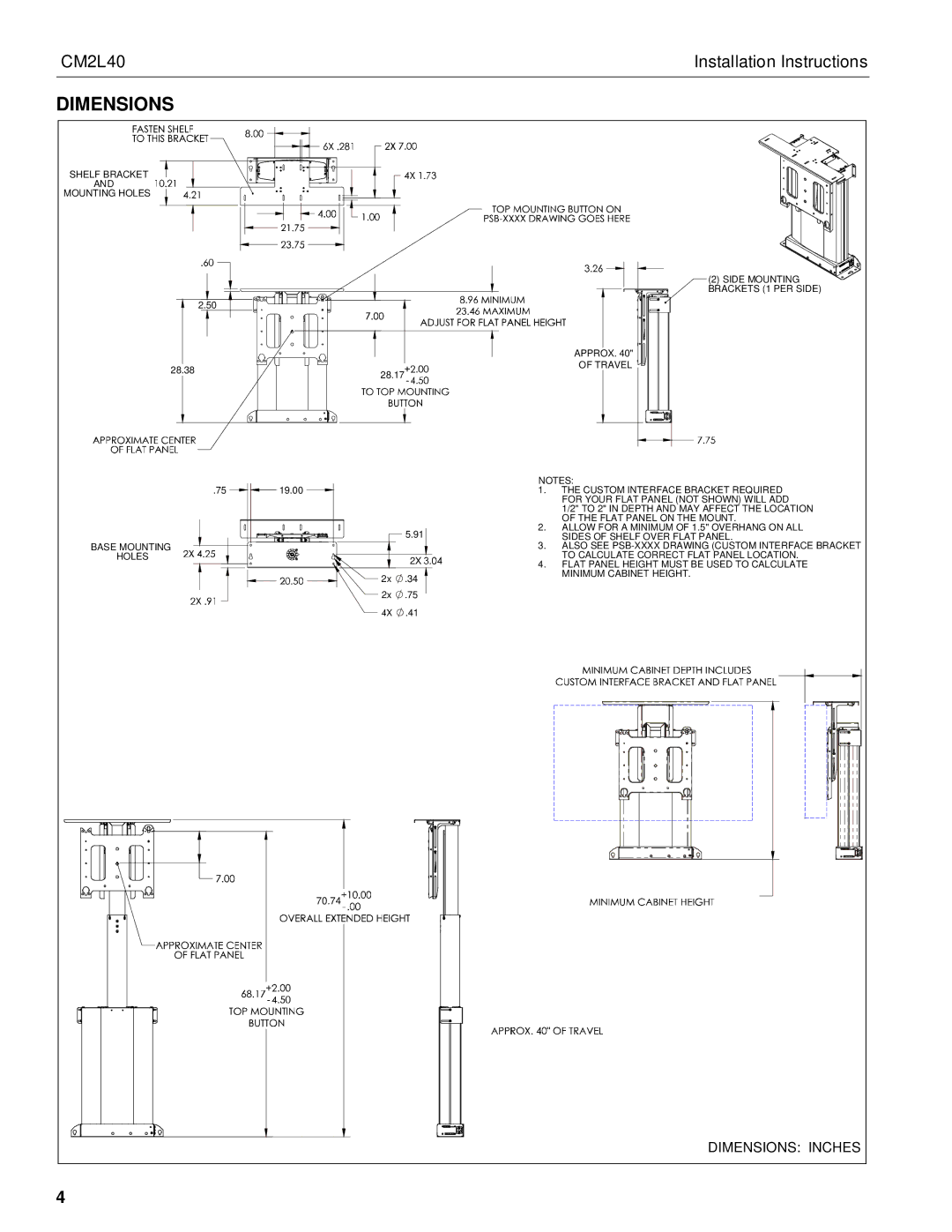 Chief Manufacturing CM2L40 installation instructions Dimensions 