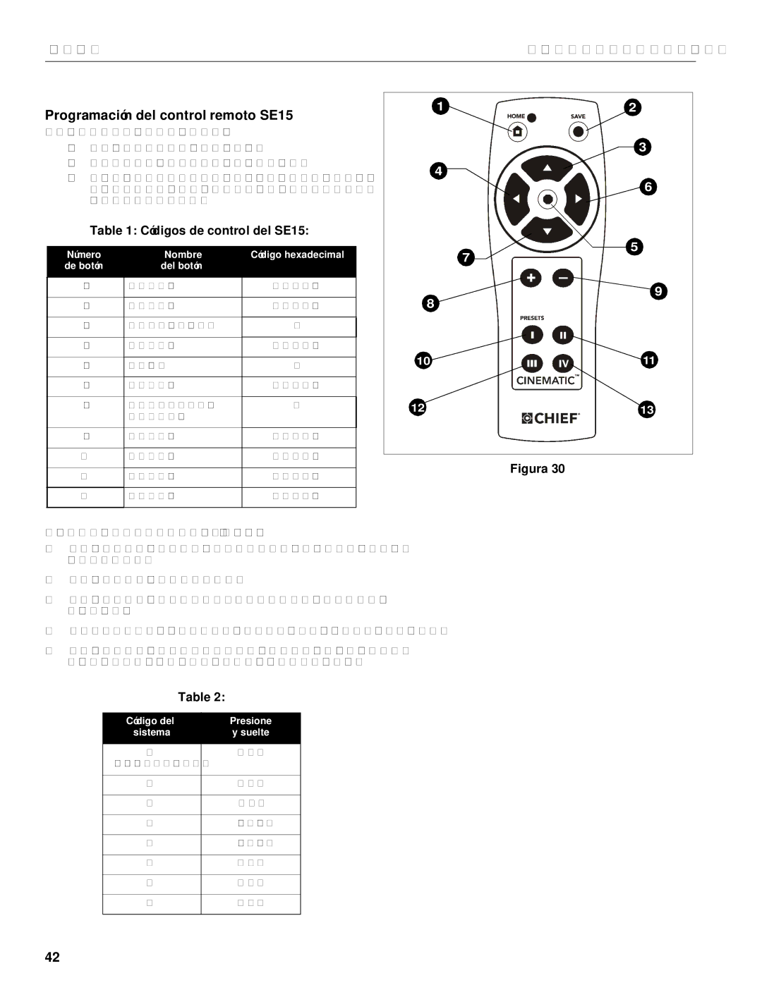 Chief Manufacturing CM2L40 installation instructions Programación del control remoto SE15, Códigos de control del SE15 