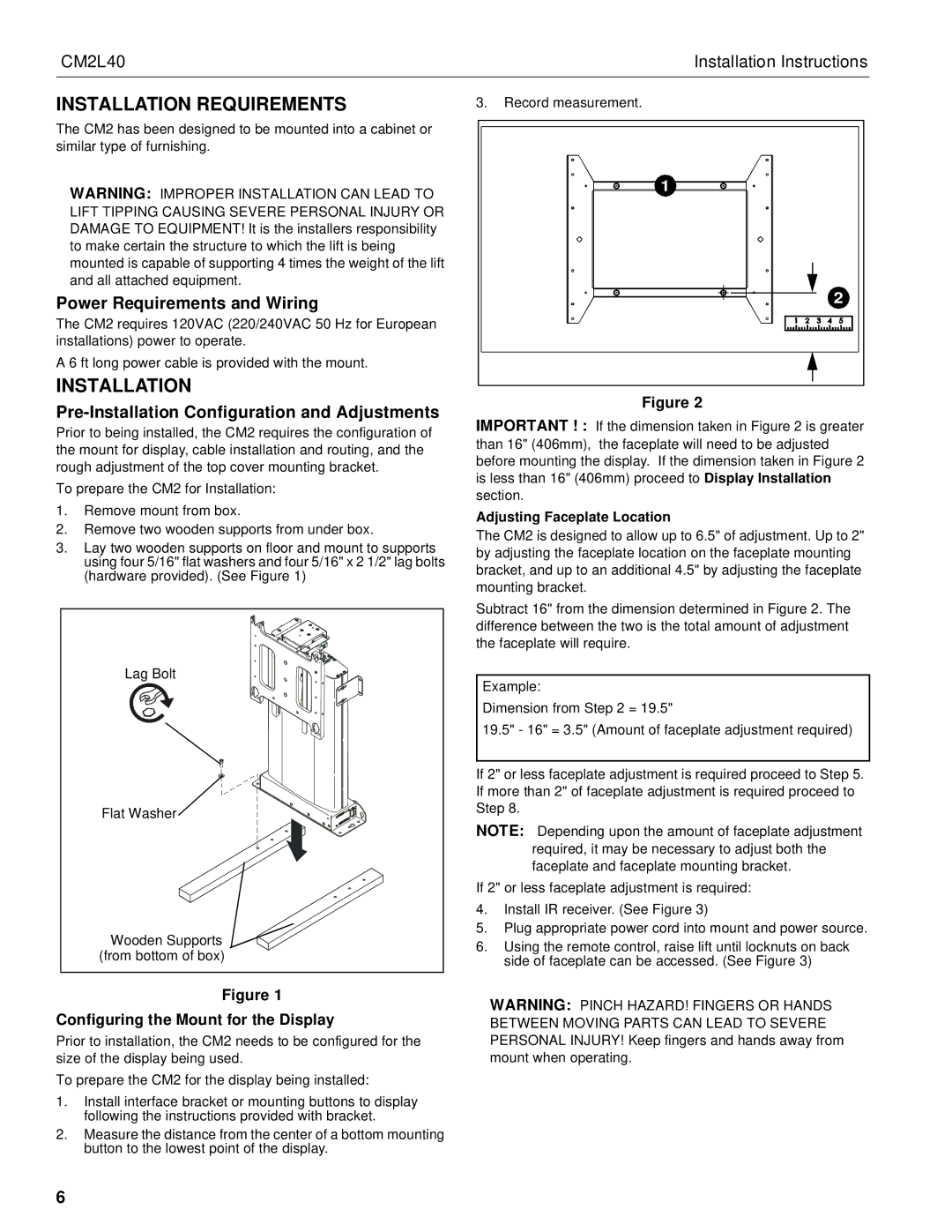 Chief Manufacturing CM2L40 Installation Requirements, Power Requirements and Wiring, Configuring the Mount for the Display 