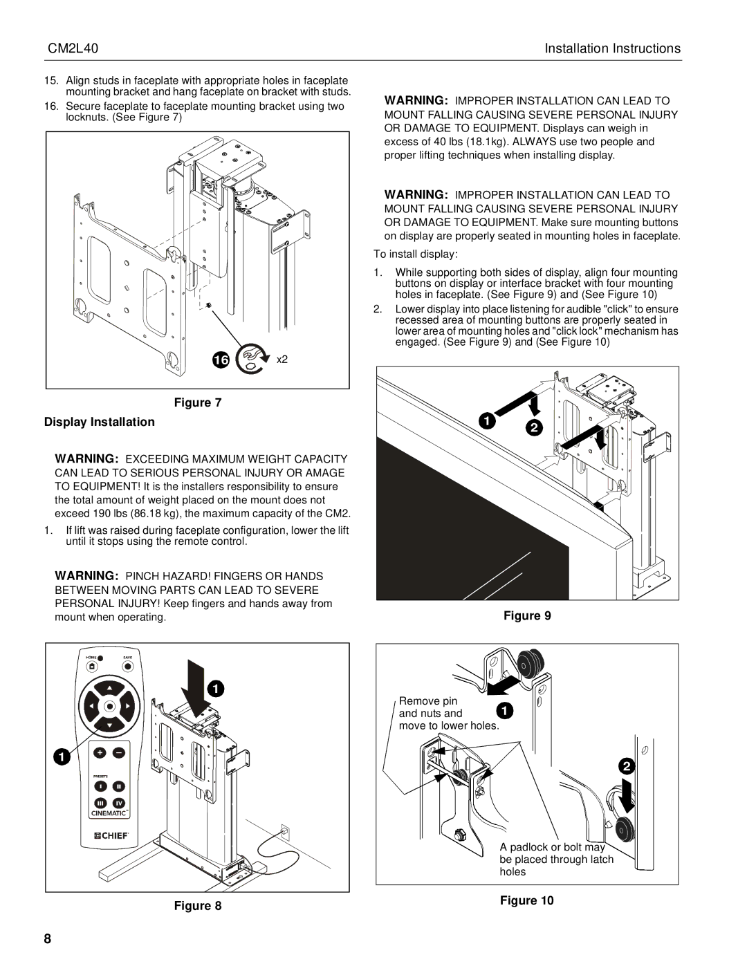 Chief Manufacturing CM2L40 installation instructions Display Installation 