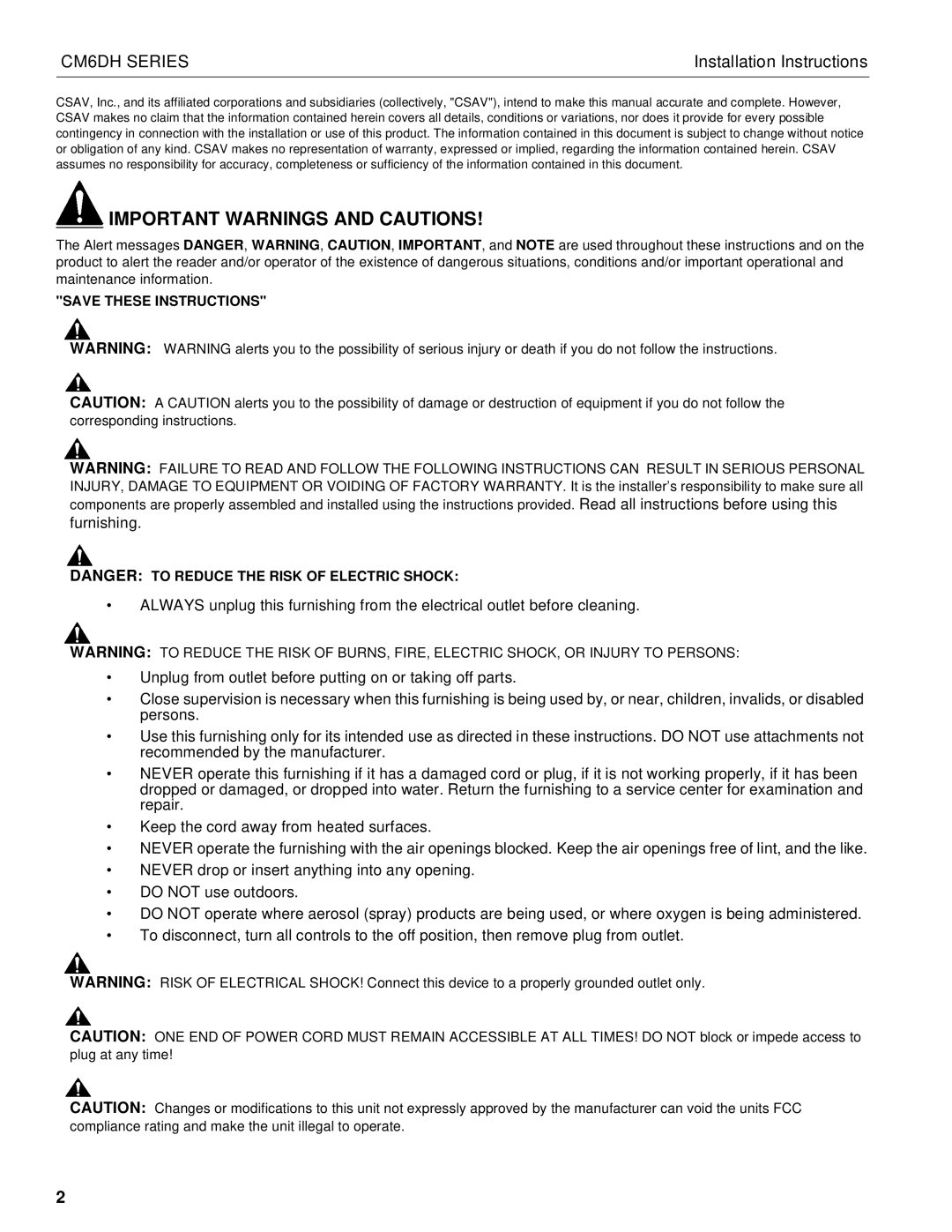 Chief Manufacturing installation instructions Important Warnings and Cautions, CM6DH Series 