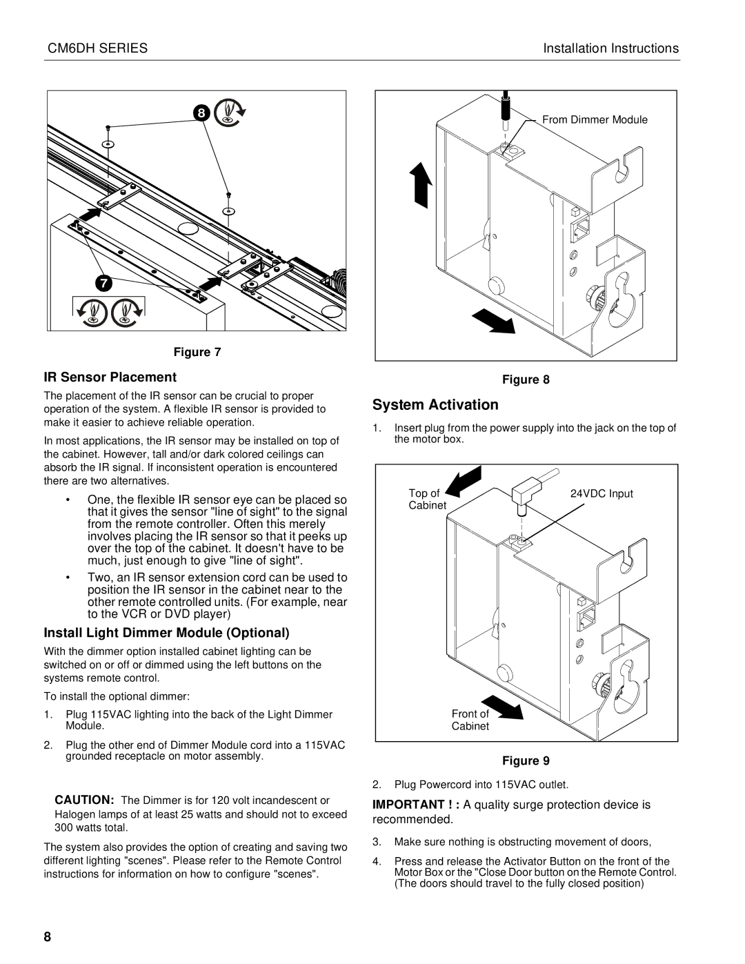 Chief Manufacturing CM6DH System Activation, IR Sensor Placement, Install Light Dimmer Module Optional 