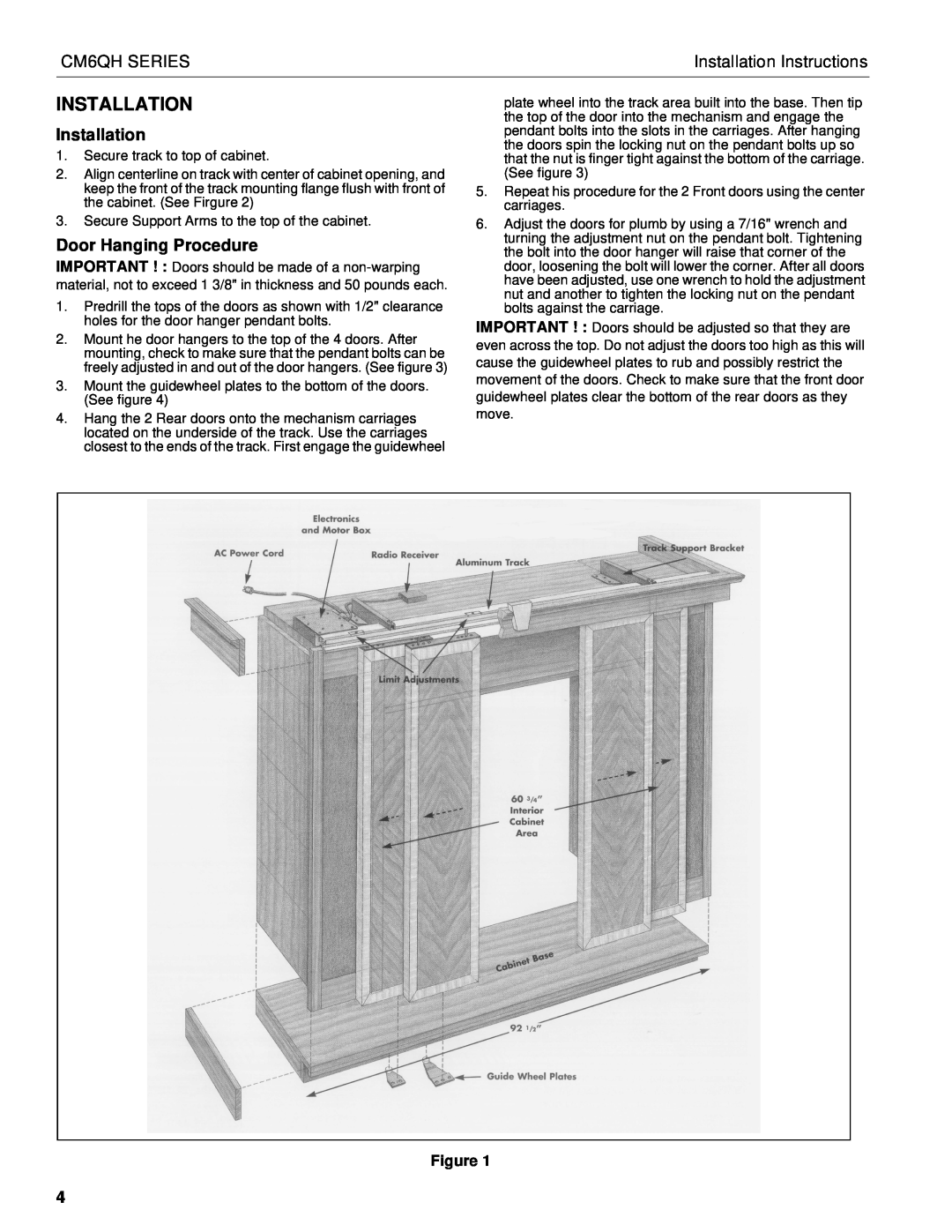 Chief Manufacturing CM6QH SERIES installation instructions Door Hanging Procedure, Installation Instructions 