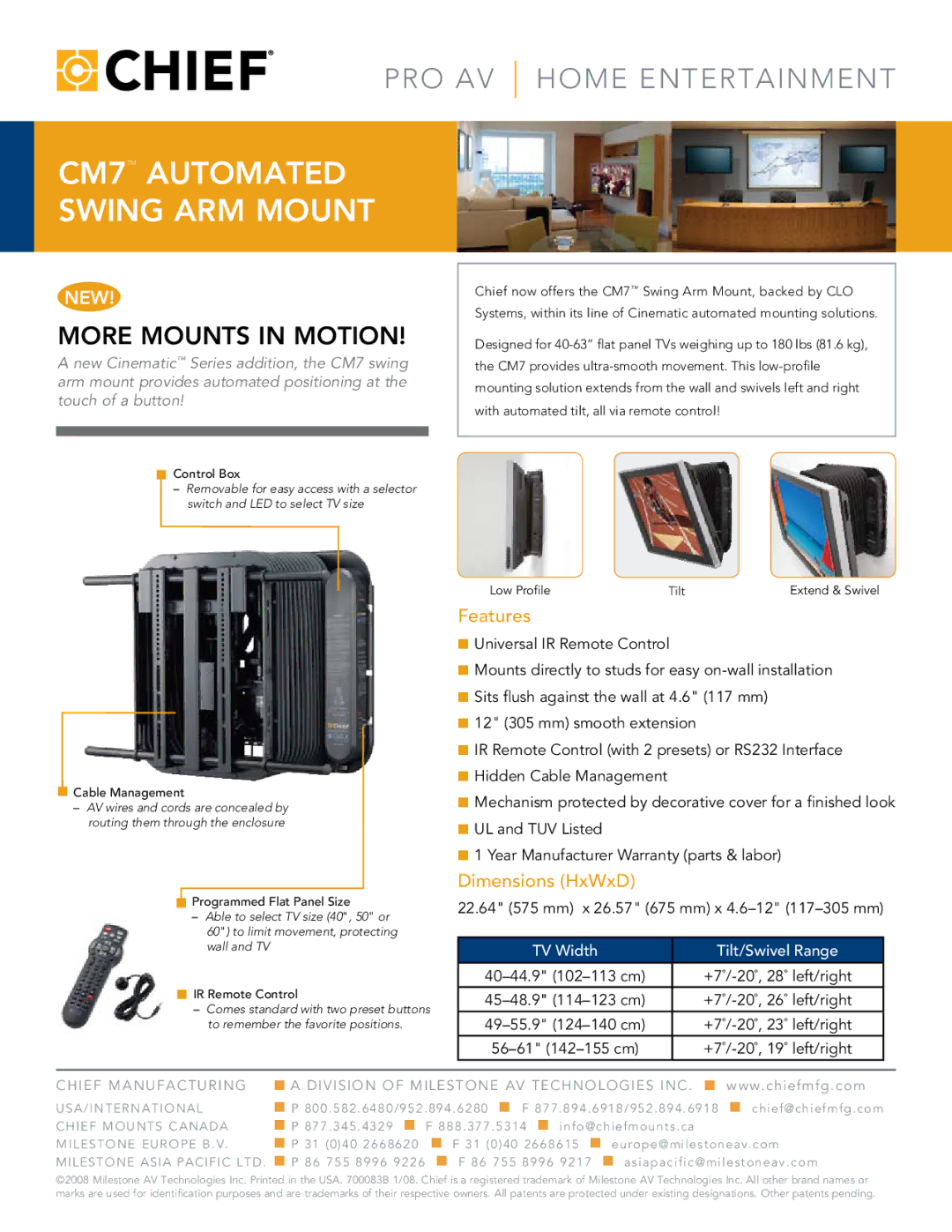 Chief Manufacturing dimensions CM7TM automated swing arM mount, More Mounts in Motion, Features, Dimensions HxWxD 