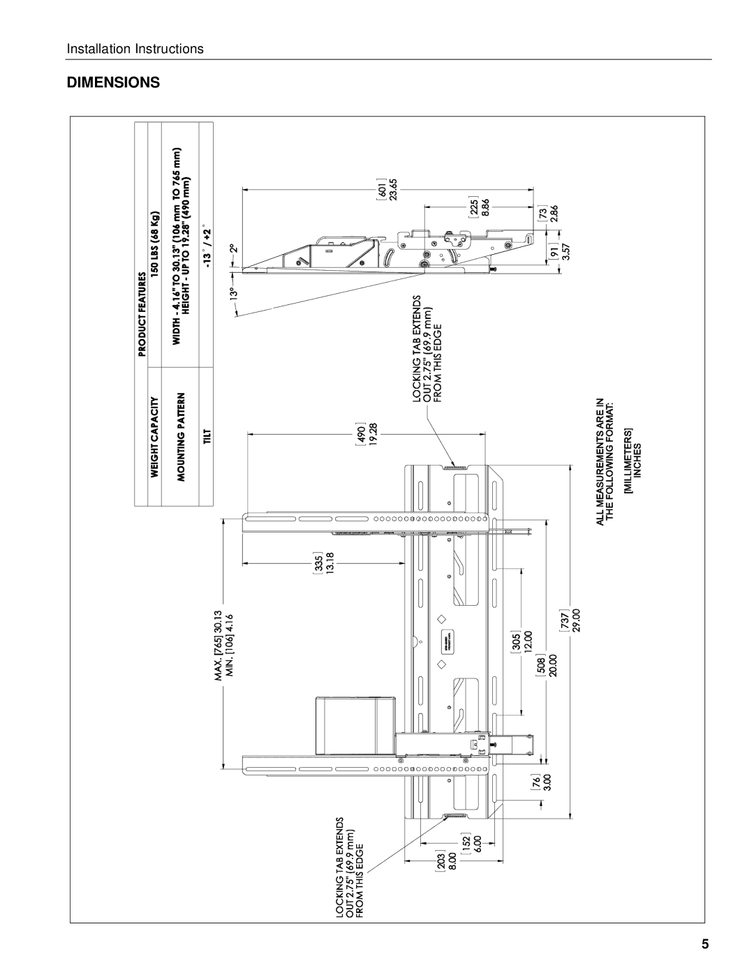 Chief Manufacturing CM8 installation instructions Dimensions 