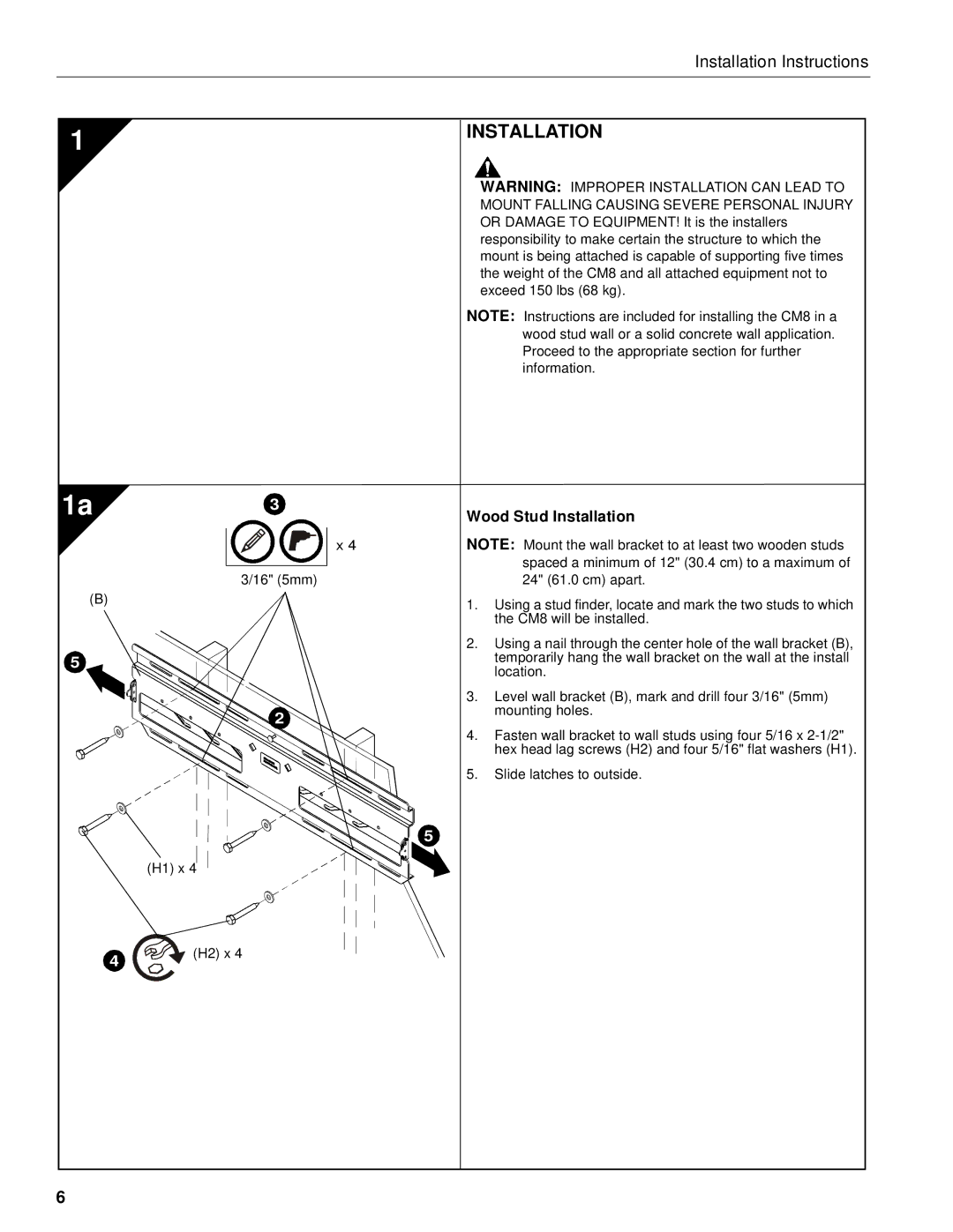 Chief Manufacturing CM8 installation instructions 1a3, Wood Stud Installation 