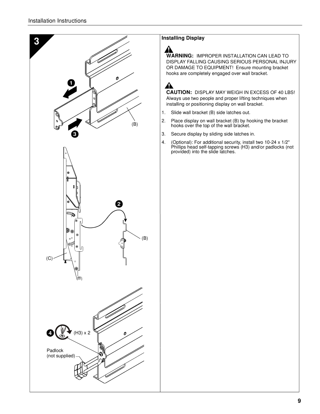 Chief Manufacturing CM8 installation instructions Installing Display, Display Falling Causing Serious Personal Injury 