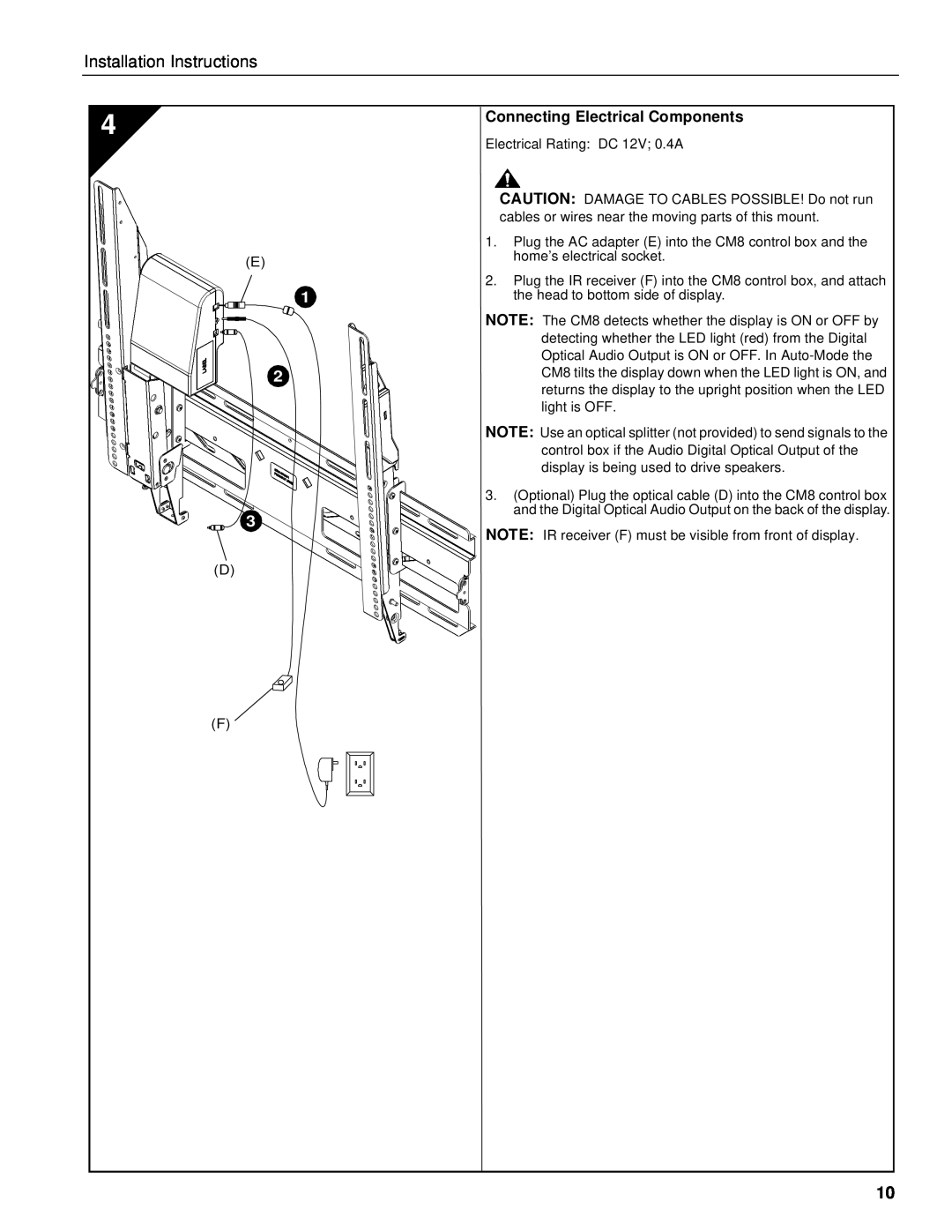 Chief Manufacturing CM8 installation instructions Connecting Electrical Components, Installation Instructions 