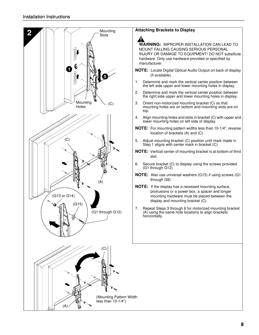 Chief Manufacturing CM8 installation instructions Attaching Brackets to Display, Installation Instructions 