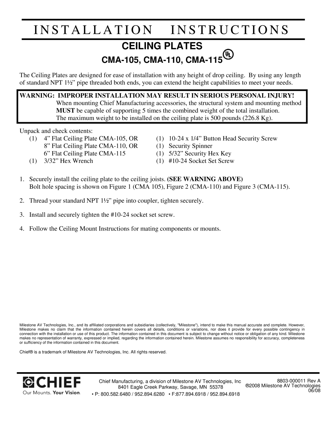 Chief Manufacturing CMA-110, CMA-115 installation instructions Installation I N S T R U C T I O N S 