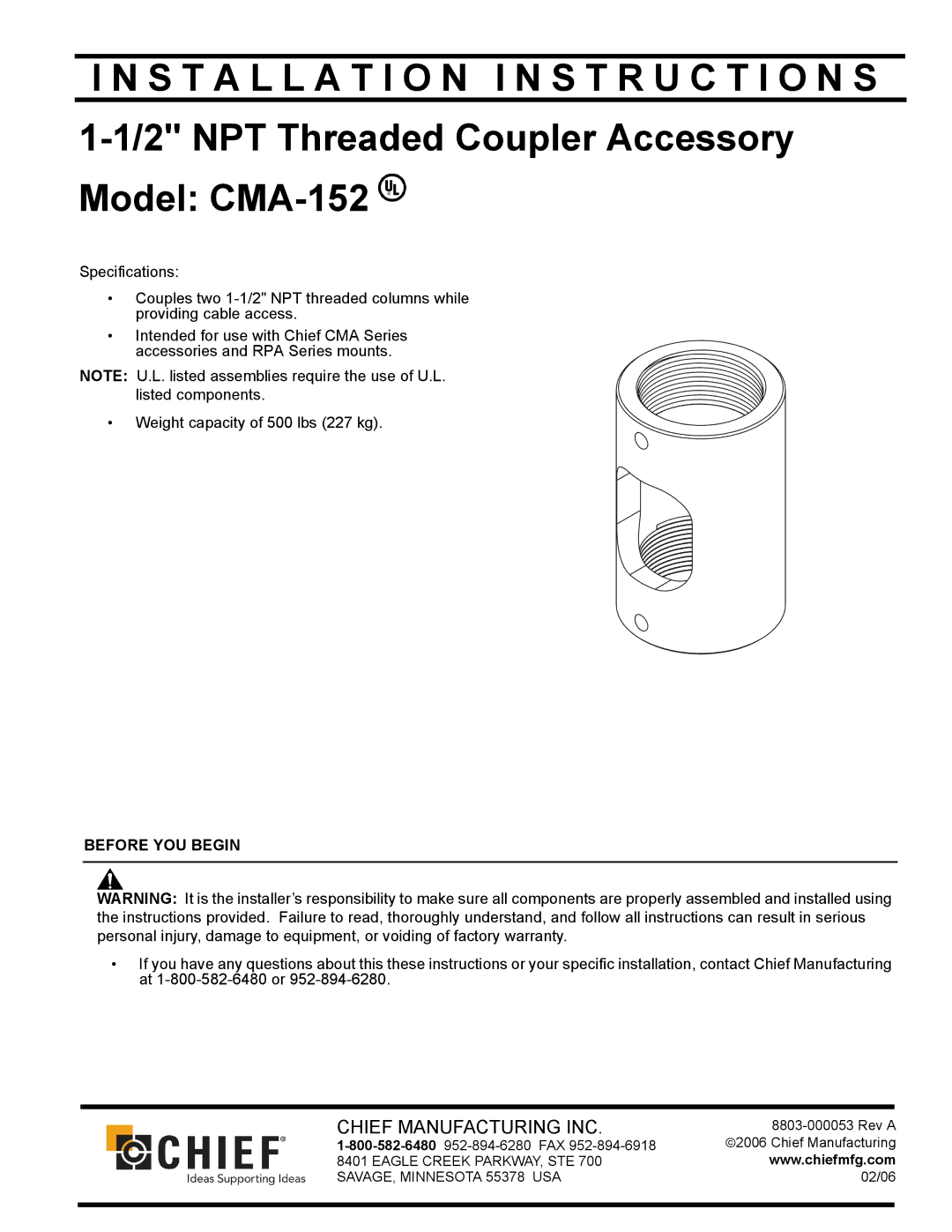 Chief Manufacturing CMA-152 installation instructions Installation I N S T R U C T I O N S 