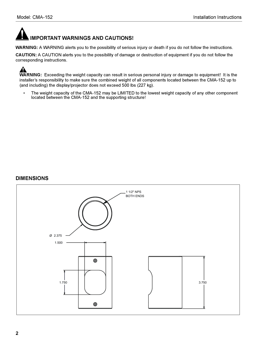 Chief Manufacturing CMA-152 installation instructions Important Warnings and Cautions 