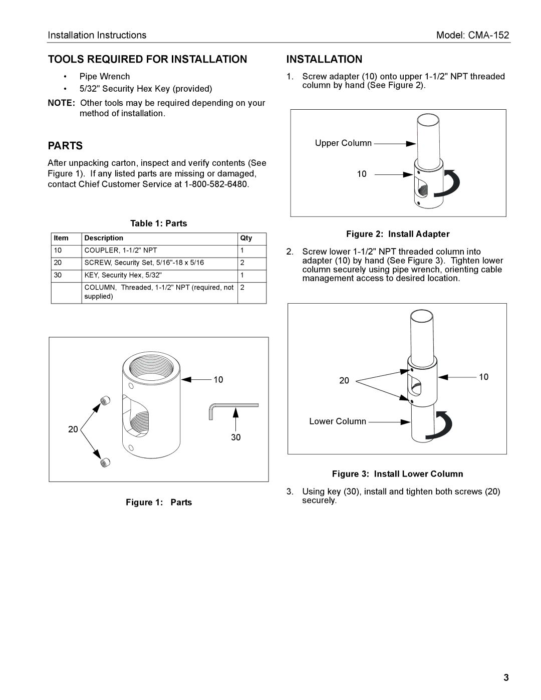 Chief Manufacturing CMA-152 installation instructions Tools Required for Installation, Parts 