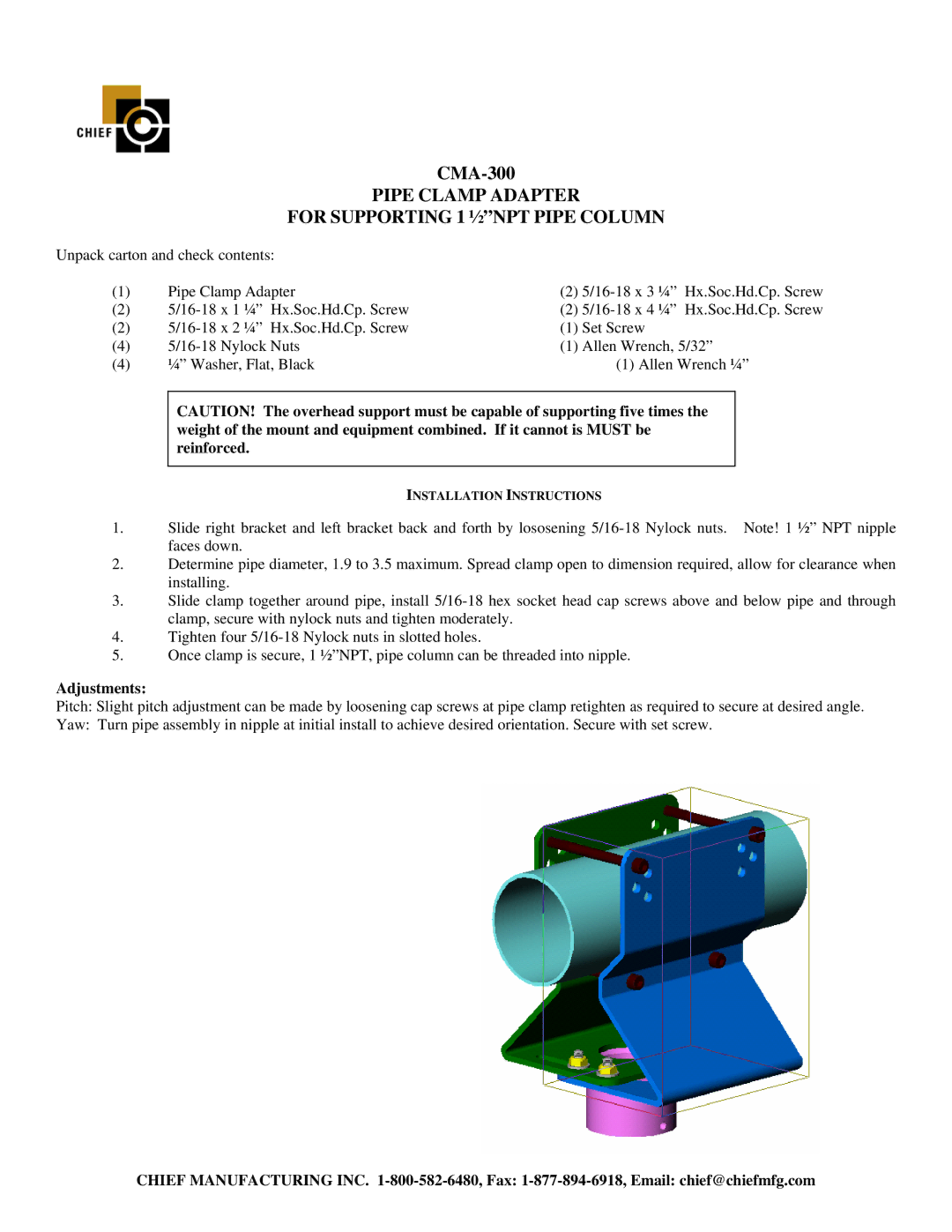 Chief Manufacturing CMA-300 installation instructions Pipe Clamp Adapter For Supporting 1 ½NPT Pipe Column, Adjustments 