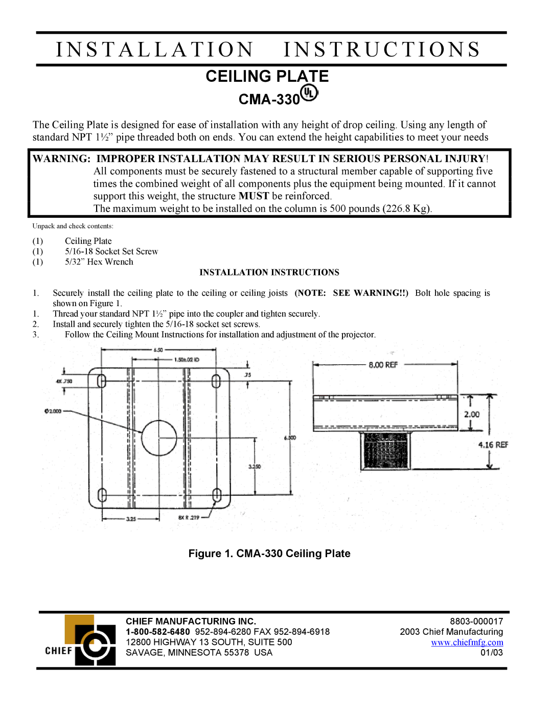 Chief Manufacturing CMA-330 installation instructions Installation I N S T R U C T I O N S, Ceiling Plate 