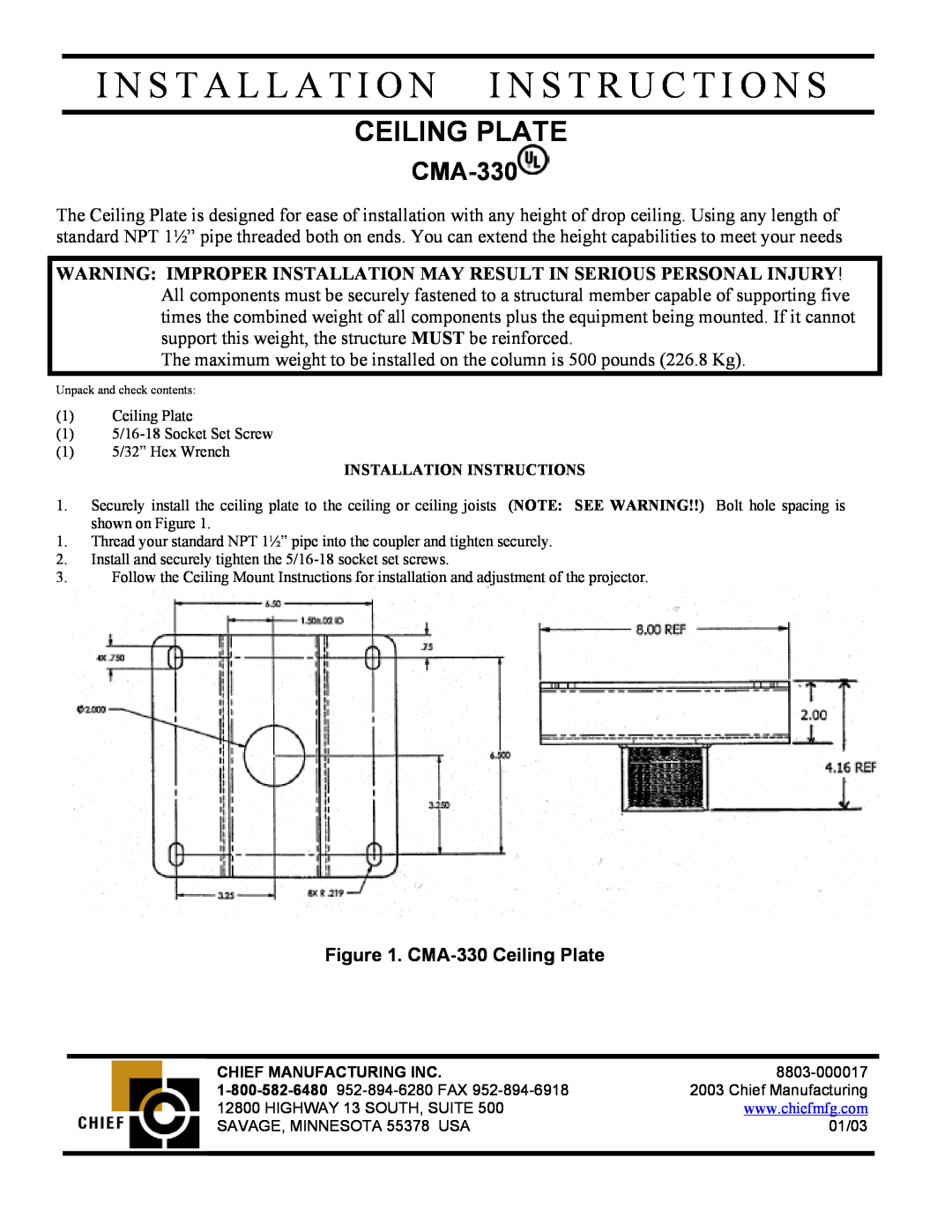 Chief Manufacturing CMA-330 installation instructions I N S T A L L A T I O N I N S T R U C T I O N S, Ceiling Plate 