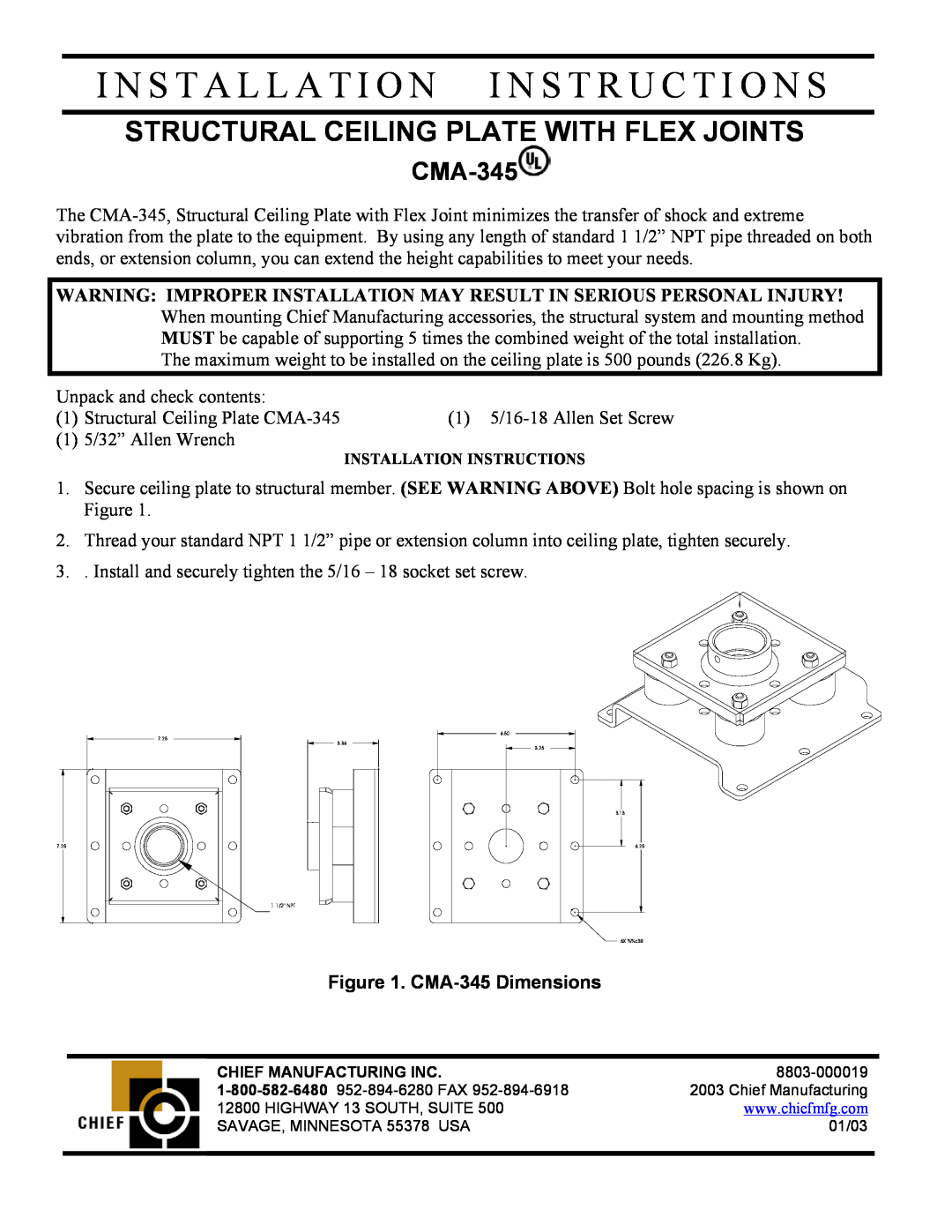Chief Manufacturing installation instructions I N S T A L L A T I O N I N S T R U C T I O N S, CMA-345Dimensions 