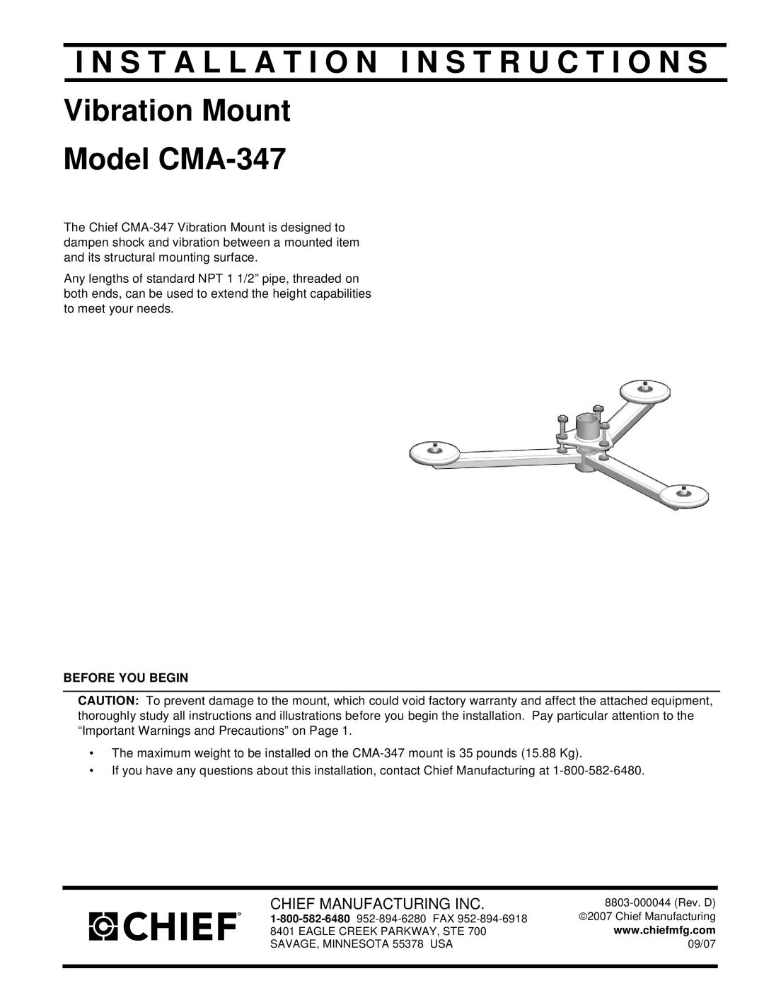 Chief Manufacturing CMA-347 installation instructions Installation I N S T R U C T I O N S 