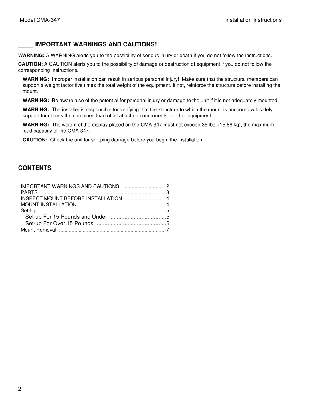 Chief Manufacturing CMA-347 installation instructions Important Warnings and Cautions Contents 