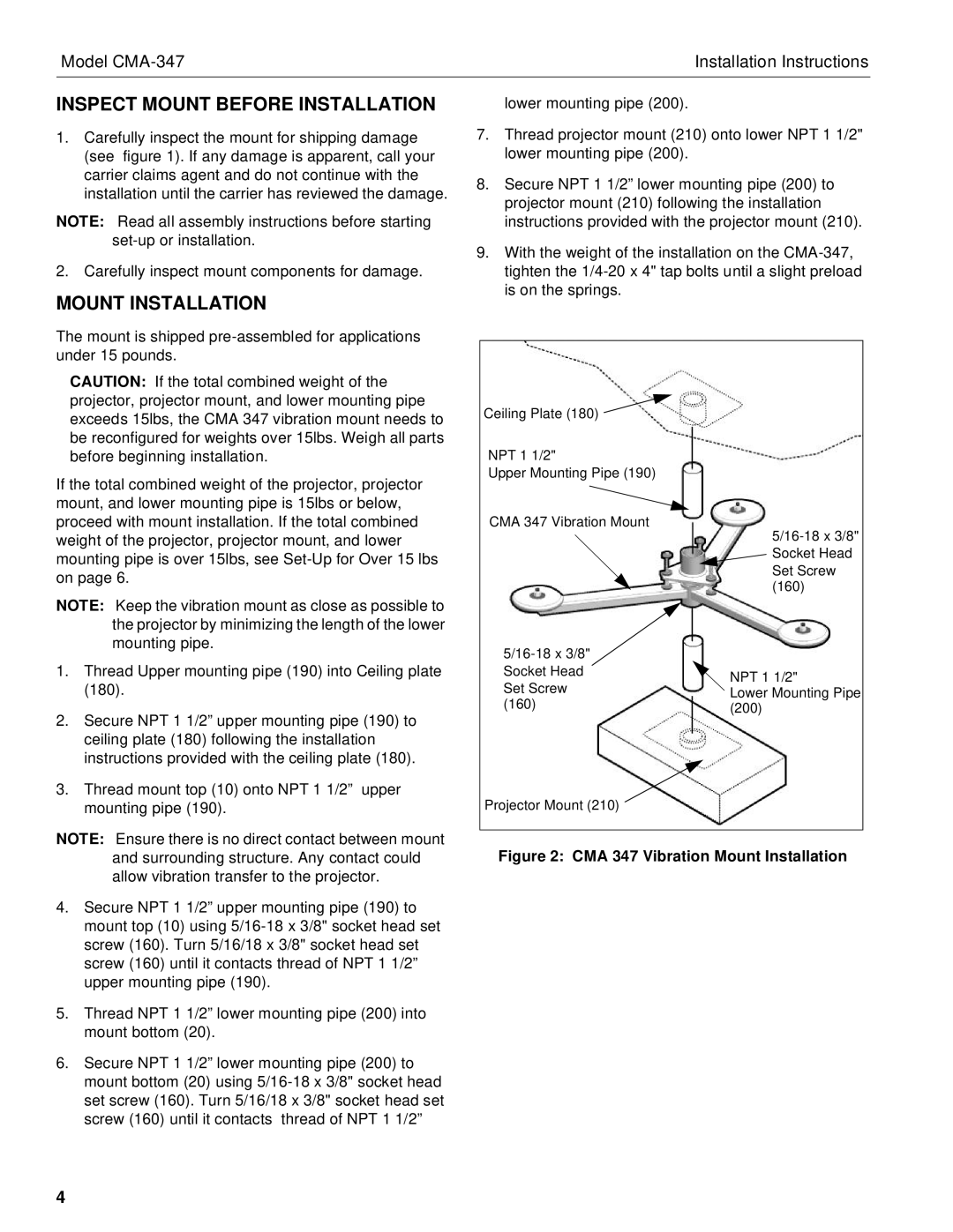 Chief Manufacturing CMA-347 installation instructions Inspect Mount Before Installation, Mount Installation 