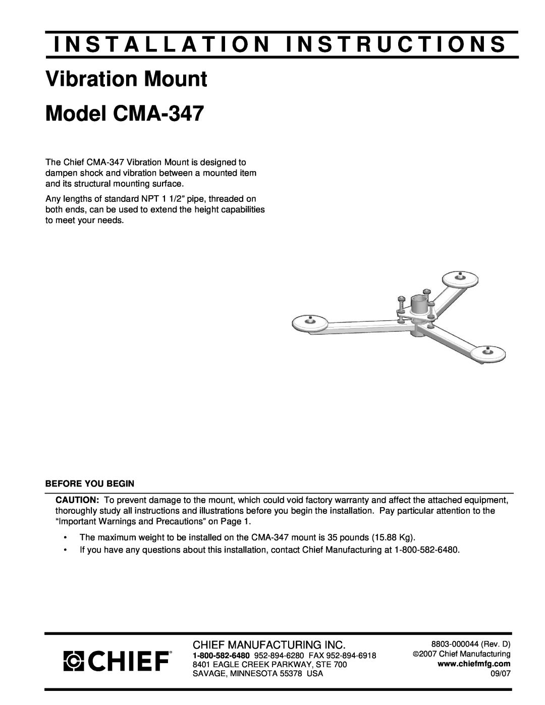 Chief Manufacturing CMA-347 installation instructions Chief Manufacturing Inc, Before You Begin 