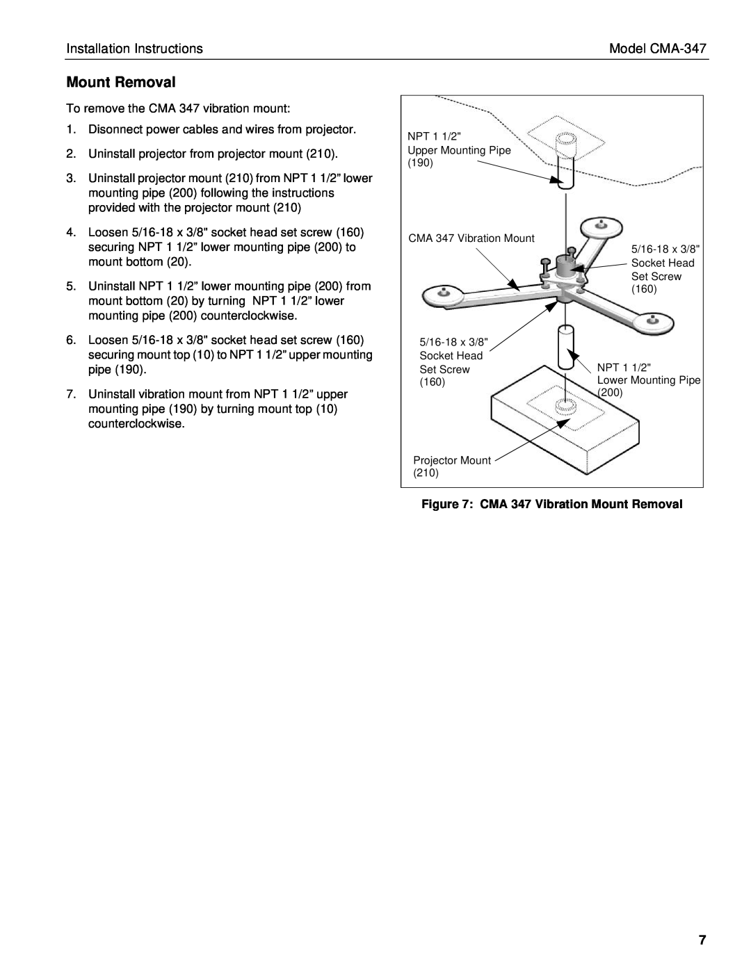 Chief Manufacturing CMA 347 Vibration Mount Removal, Installation Instructions, Model CMA-347 