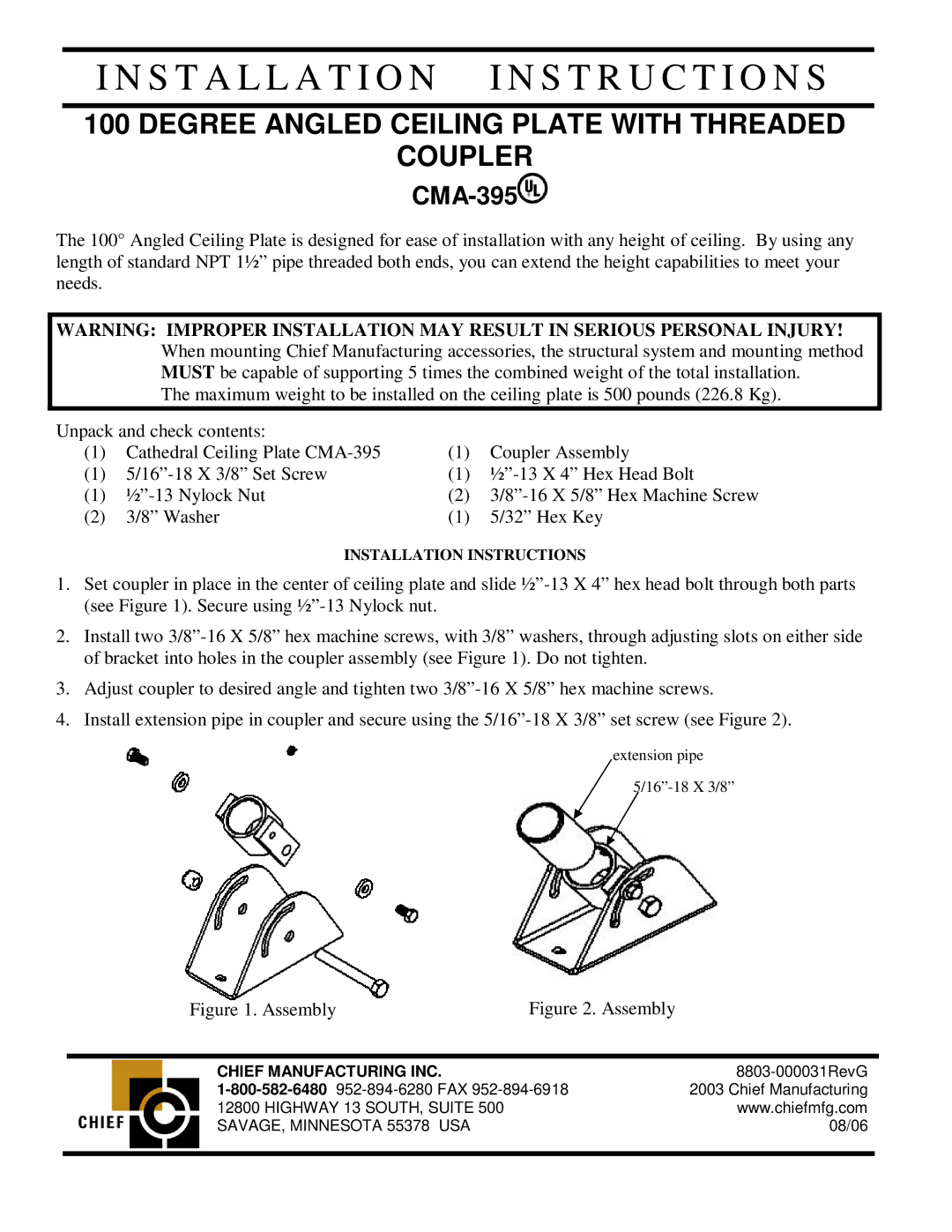 Chief Manufacturing CMA-395 installation instructions Installation I N S T R U C T I O N S, Chief Manufacturing INC 