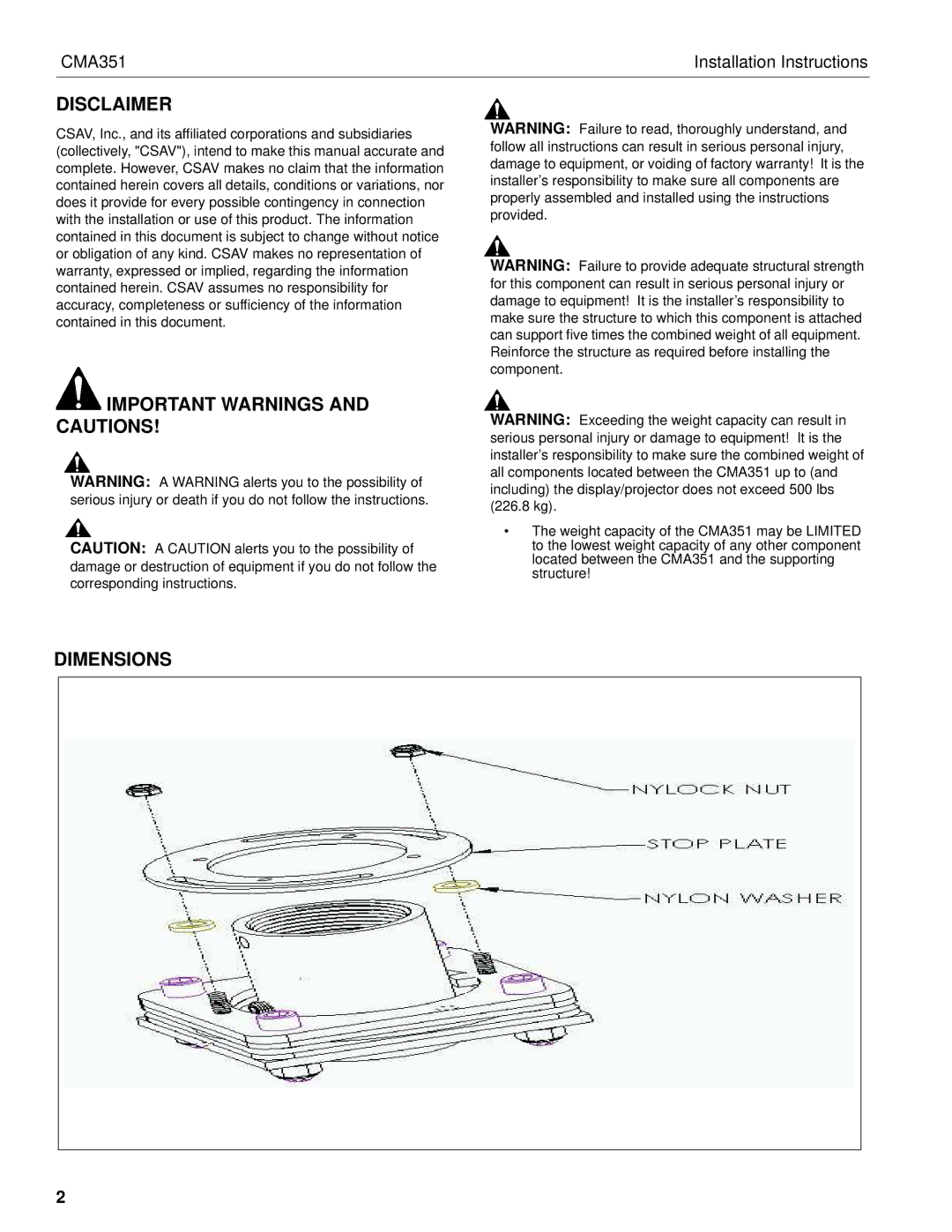 Chief Manufacturing CMA351 installation instructions Disclaimer, Important Warnings and Cautions Dimensions 