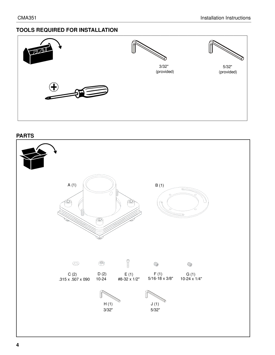 Chief Manufacturing CMA351 installation instructions Tools Required for Installation, Parts 