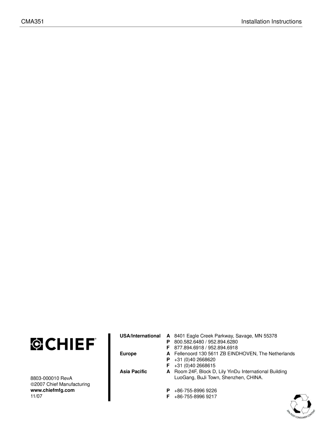 Chief Manufacturing CMA351 installation instructions +31 040 