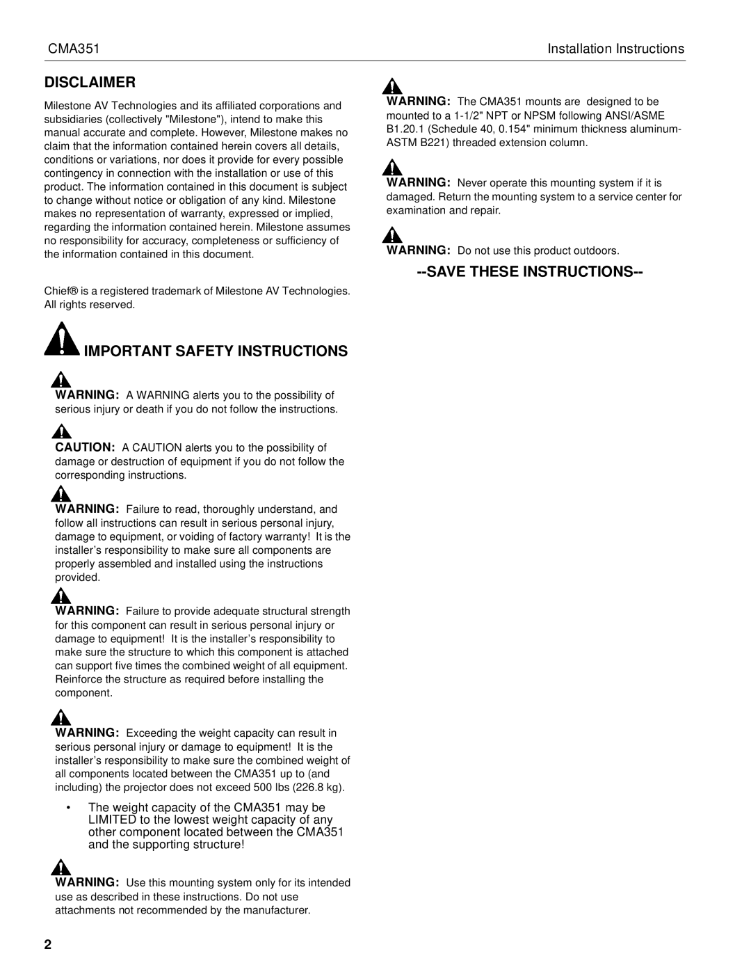 Chief Manufacturing CMA351 installation instructions Disclaimer, Important Safety Instructions 