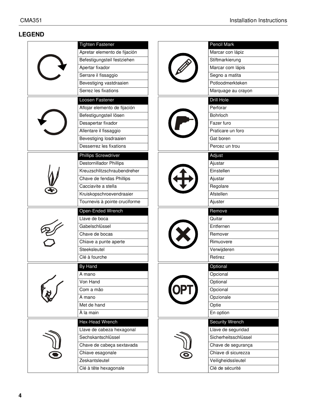 Chief Manufacturing CMA351 installation instructions Open-Ended Wrench 