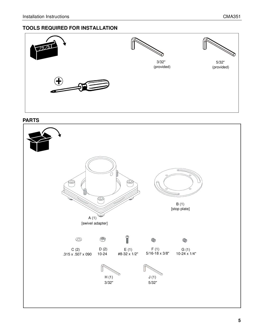 Chief Manufacturing CMA351 installation instructions Tools Required for Installation, Parts 