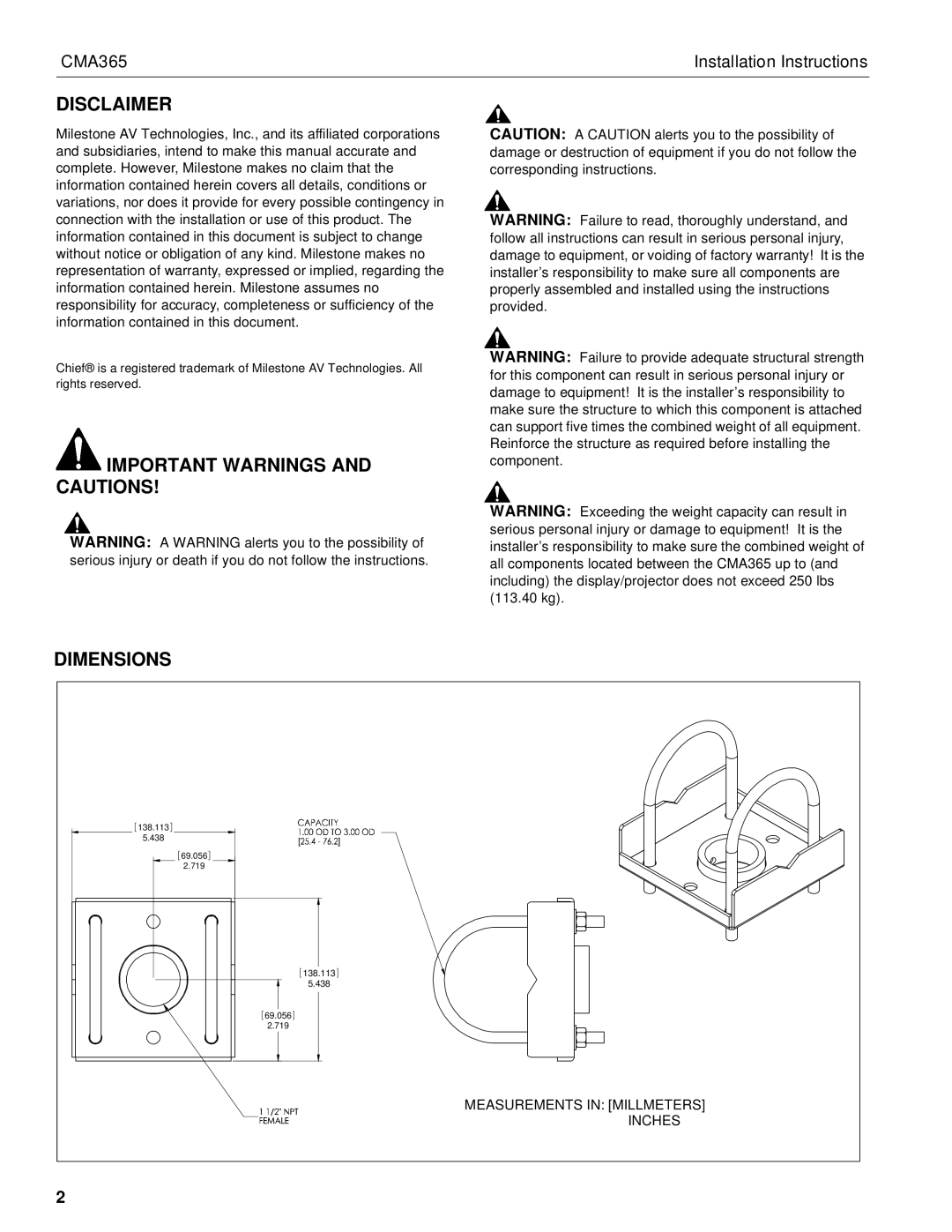 Chief Manufacturing CMA365 installation instructions Disclaimer, Important Warnings and Cautions Dimensions 