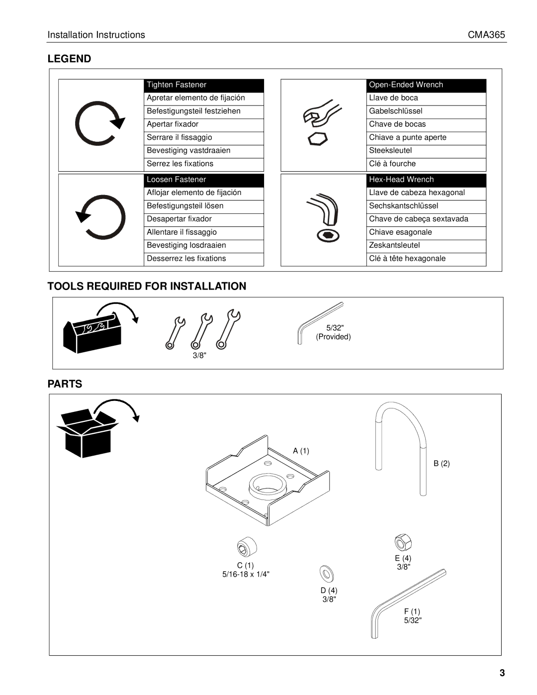 Chief Manufacturing installation instructions Tools Required for Installation, Installation Instructions CMA365 