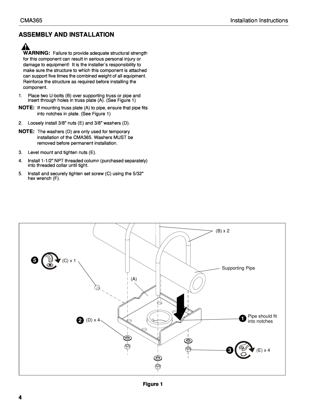 Chief Manufacturing CMA365 installation instructions Assembly And Installation, Installation Instructions, Pipe should fit 