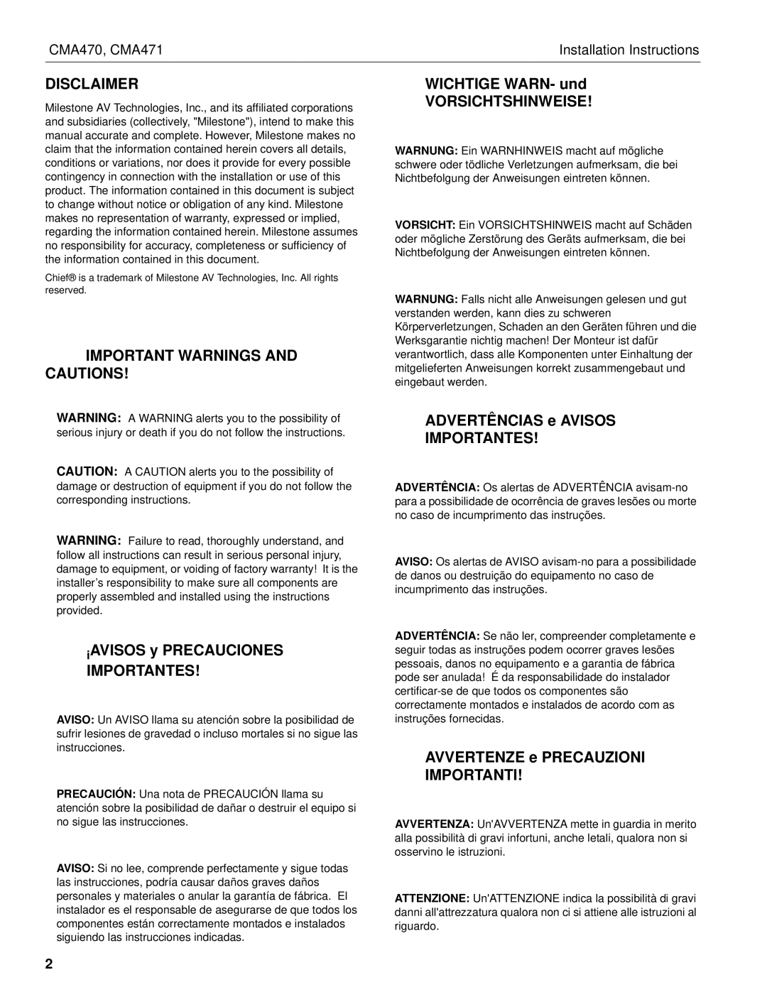 Chief Manufacturing CMA471, CMA470 Disclaimer, Important Warnings and Cautions, Vorsichtshinweise, Importantes, Importanti 