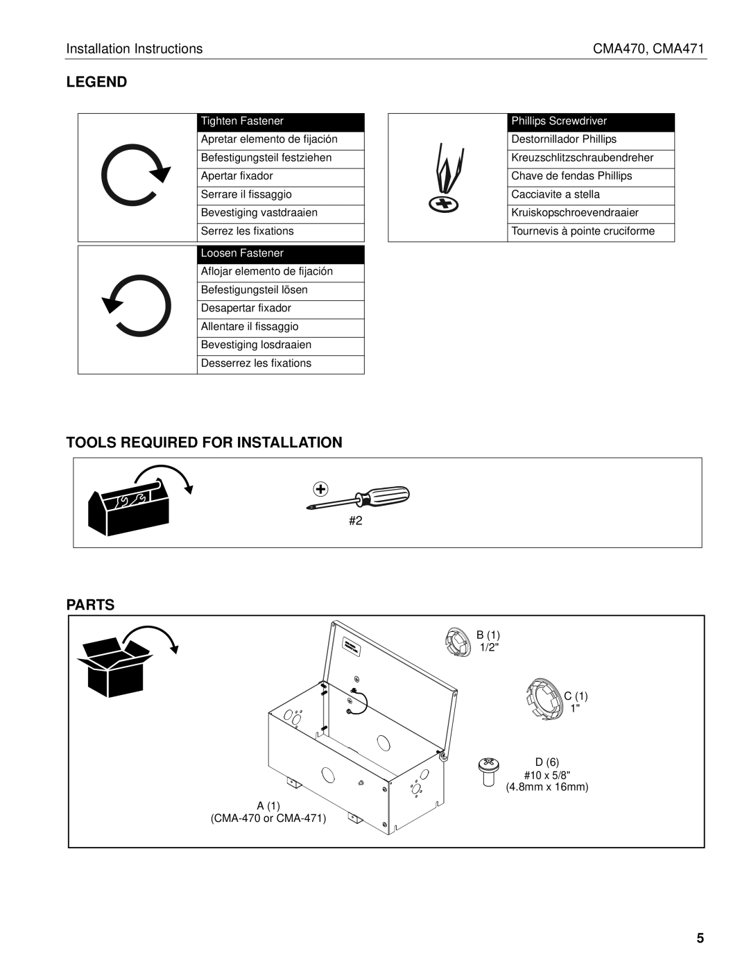 Chief Manufacturing CMA470, CMA471 installation instructions Tools Required for Installation, Tighten Fastener 