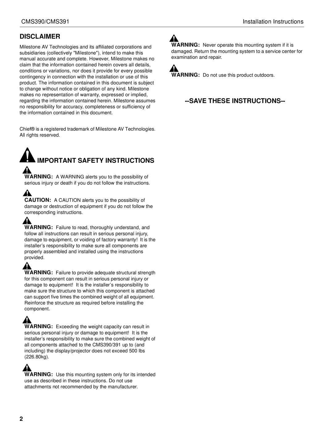 Chief Manufacturing CMS390 installation instructions Disclaimer, Important Safety Instructions 