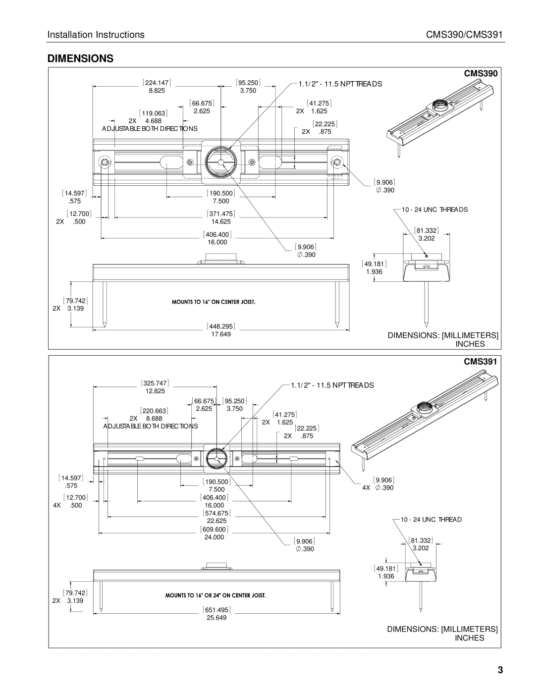 Chief Manufacturing CMS390 installation instructions Dimensions 