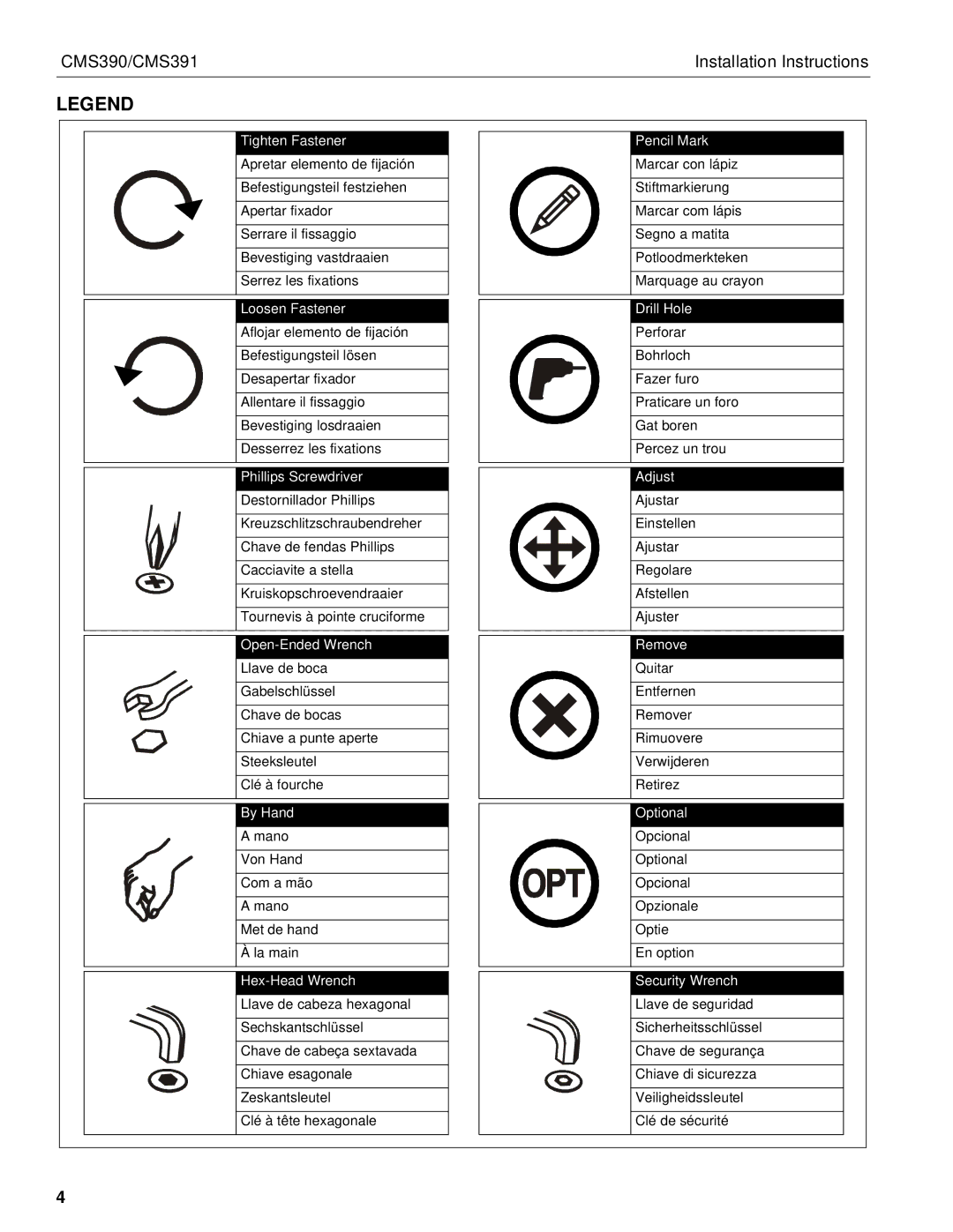 Chief Manufacturing CMS390 installation instructions By Hand Optional 