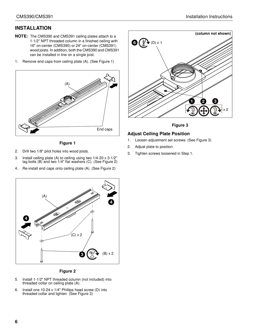 Chief Manufacturing CMS390 installation instructions Installation, Drill two 1/8 pilot holes into wood joists 