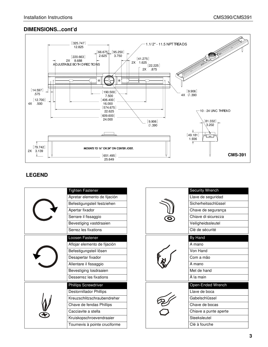 Chief Manufacturing CMS390, CMS391 installation instructions DIMENSIONS...cont’d 