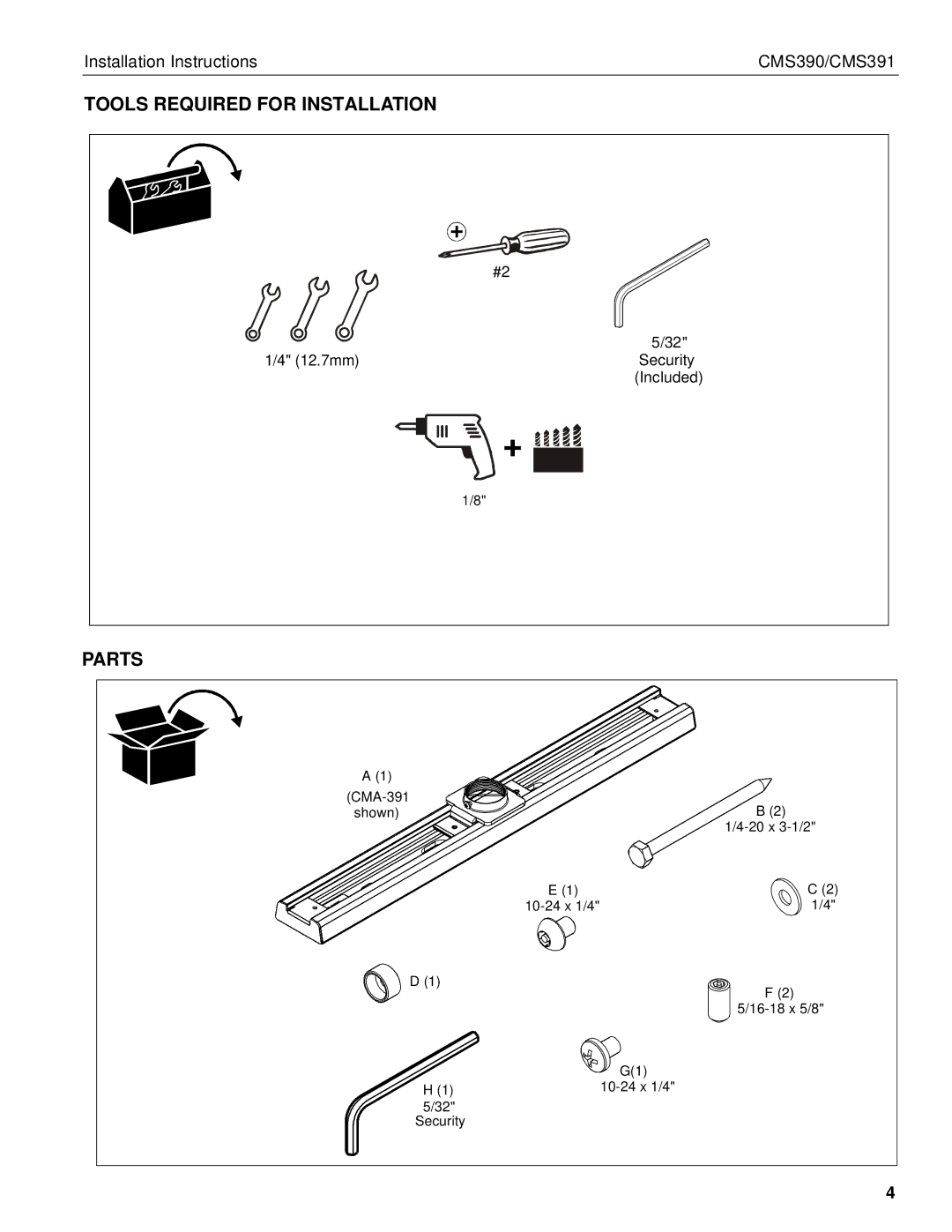 Chief Manufacturing CMS391, CMS390 installation instructions Tools Required for Installation, Parts 