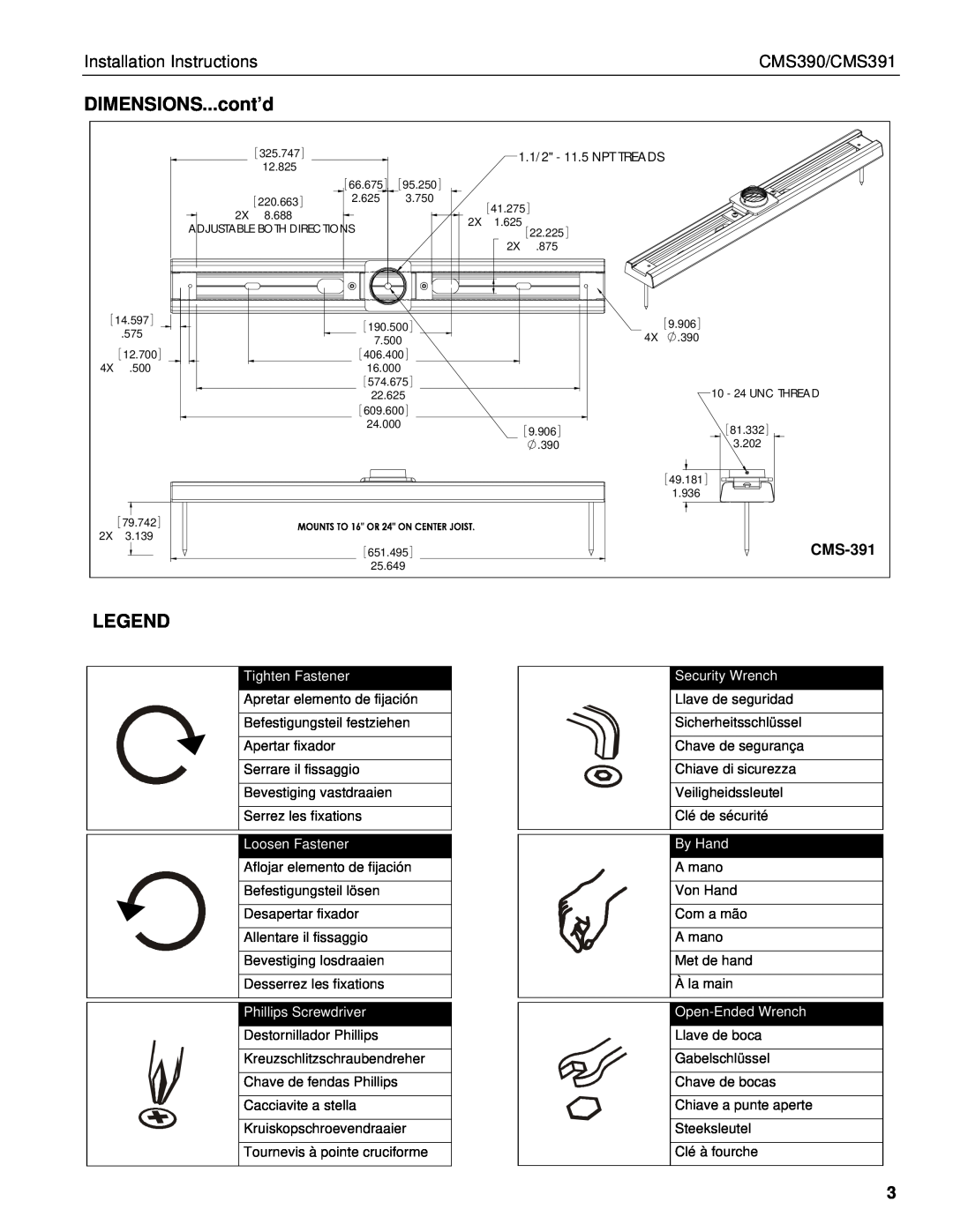Chief Manufacturing DIMENSIONS...cont’d, CMS-391, Installation Instructions, CMS390/CMS391, Tighten Fastener, By Hand 