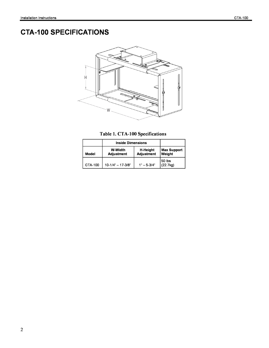 Chief Manufacturing CTA-100 SPECIFICATIONS, Installation Instructions, Inside Dimensions, Max Support, Model, Weight 