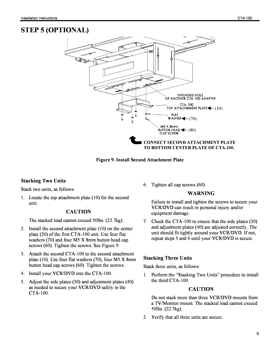 Chief Manufacturing CTA-100 installation instructions Optional, Stacking Two Units, Stacking Three Units 
